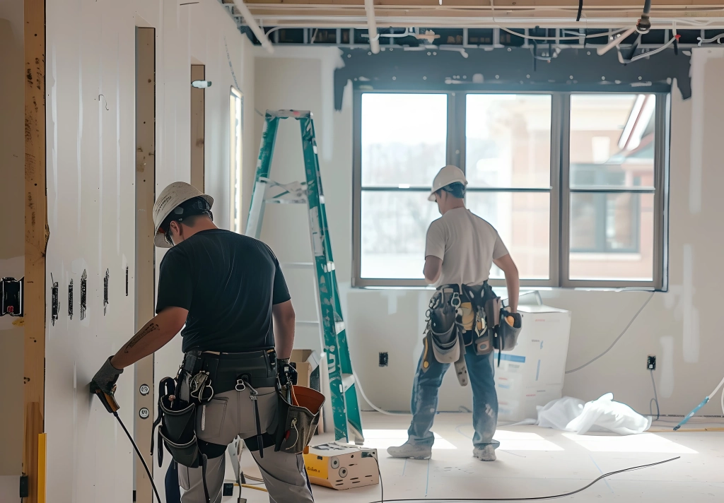 construction-workers-installing-drywall-partially-finished-room